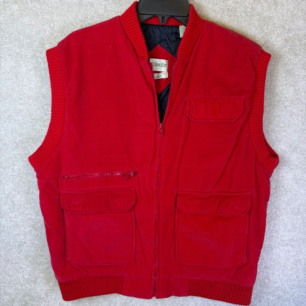 Vintage St Johns Bay Corduroy Vest Men Large Red Quilted Lined Multi Pocket 80s